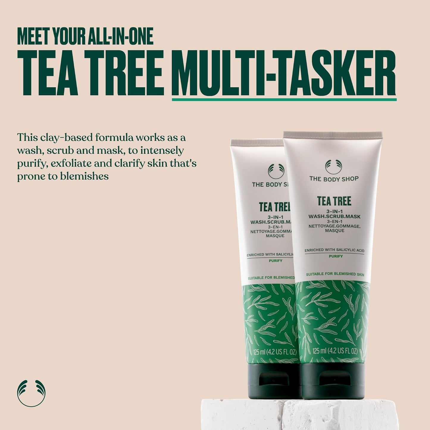 Tea Tree 3 in 1 Wash Scrub & Mask – Purifying Vegan Skincare for Oily, Blemished Skin – 4.2 Oz