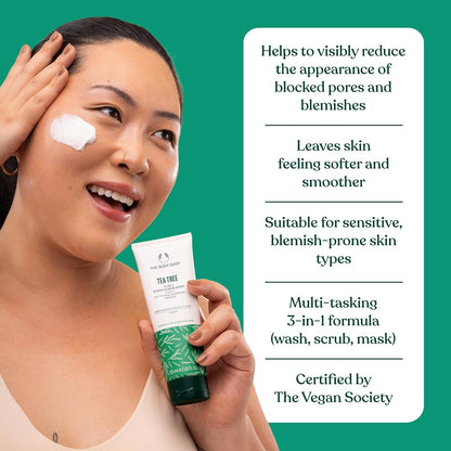Tea Tree 3 in 1 Wash Scrub & Mask – Purifying Vegan Skincare for Oily, Blemished Skin – 4.2 Oz